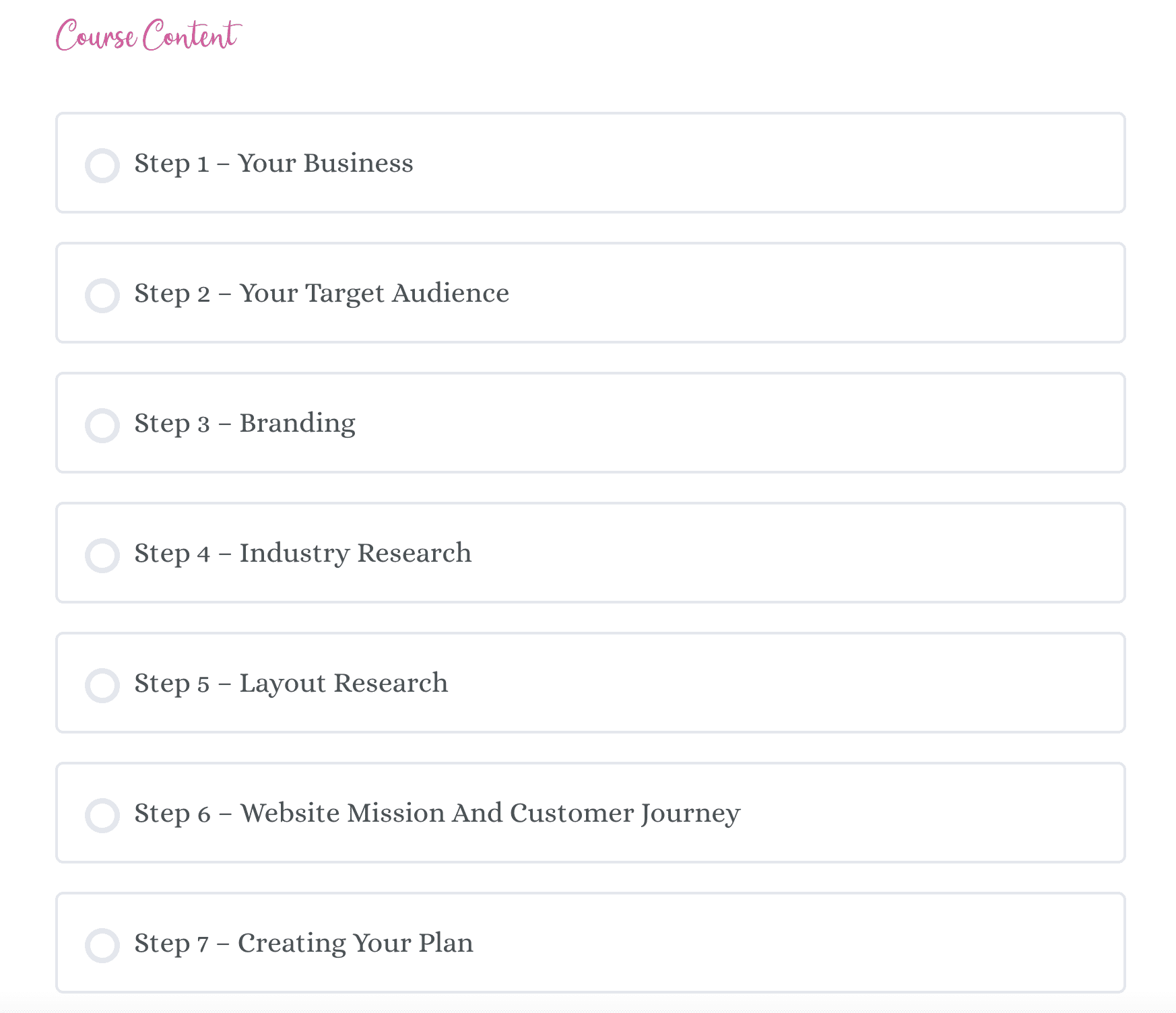 how to create online course content how to create online course content index table with 7 steps from Lisa's course 60 steps to website success
