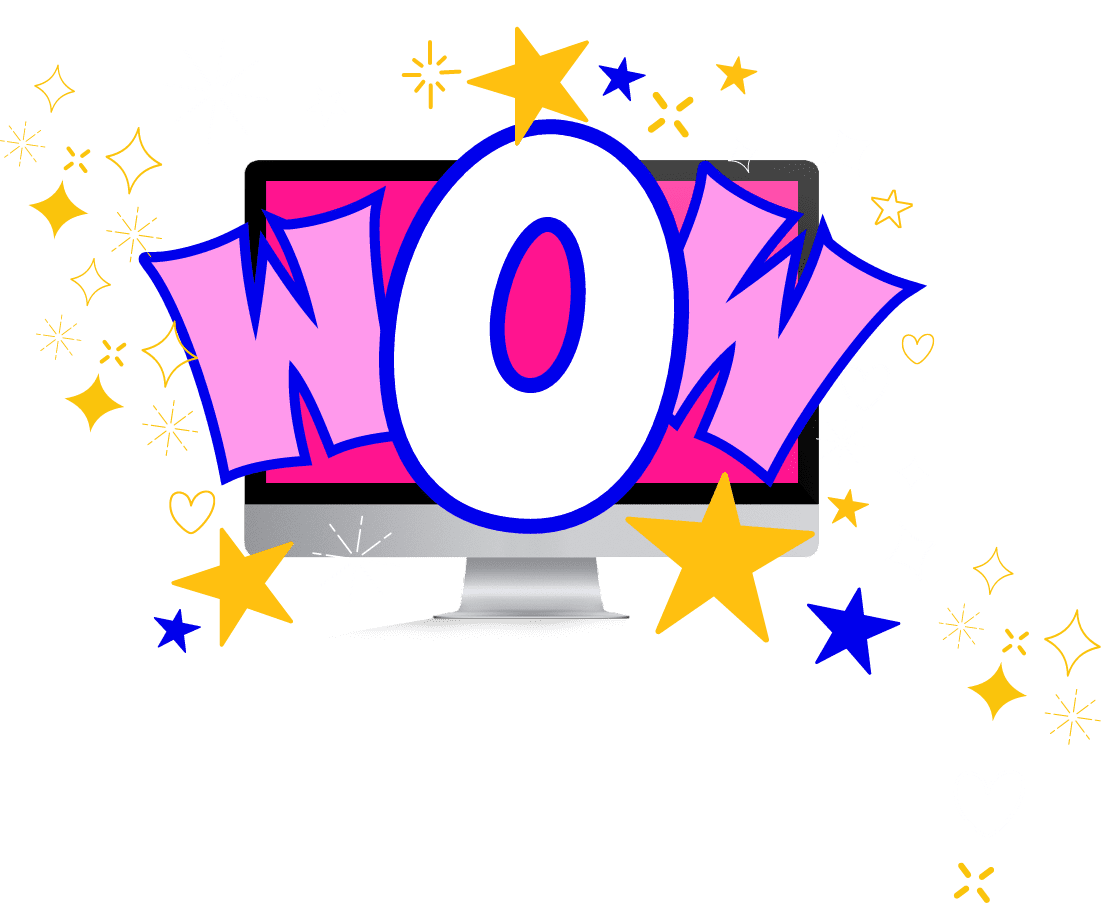 Wow hero Websites that Wow - a blue rocket launching to the right with multi coloured stars surrounding it